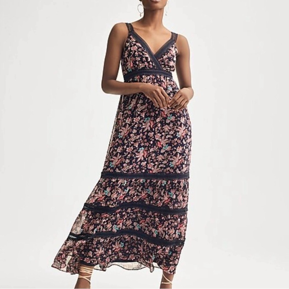 NWT Express Floral Tiered Maxi Dress with Lace Trim